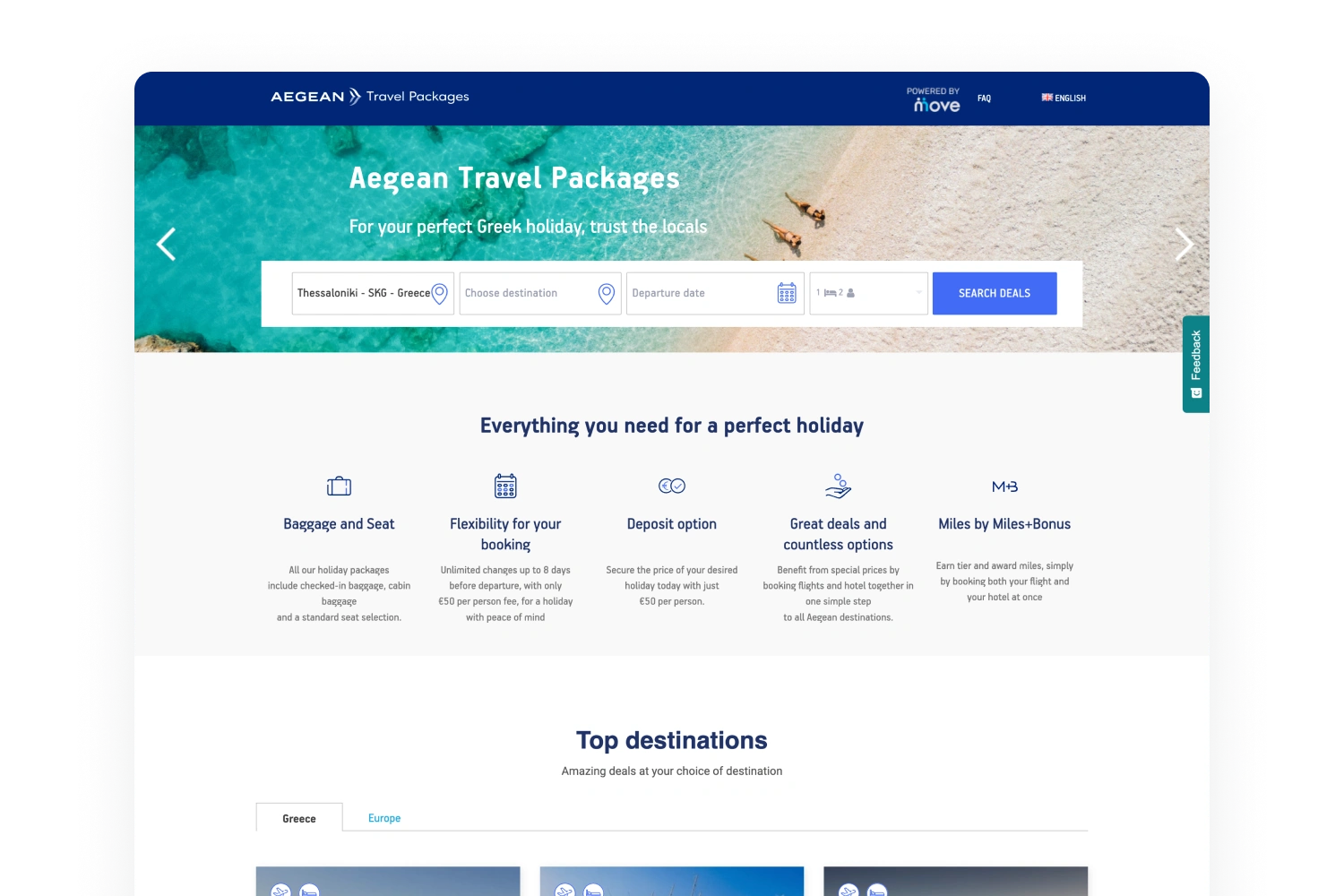 Aegean Travel Packages homepage with a beach image, trip search bar and a row of package benefits.