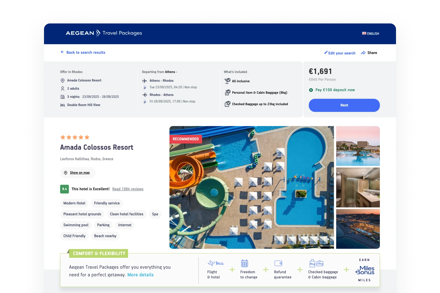 Aegean package detail page with flights, inclusions and a Next button above a hotel overview and photo gallery.