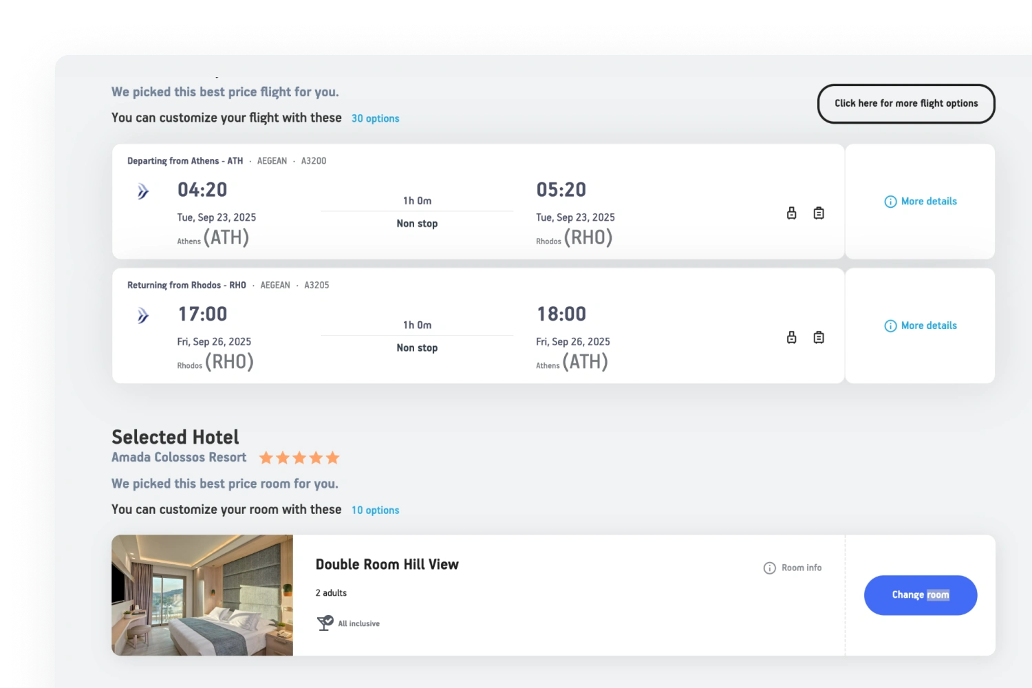 Aegean package customisation showing outbound and return flights, alternative flight options and a selected room with a Change room button.