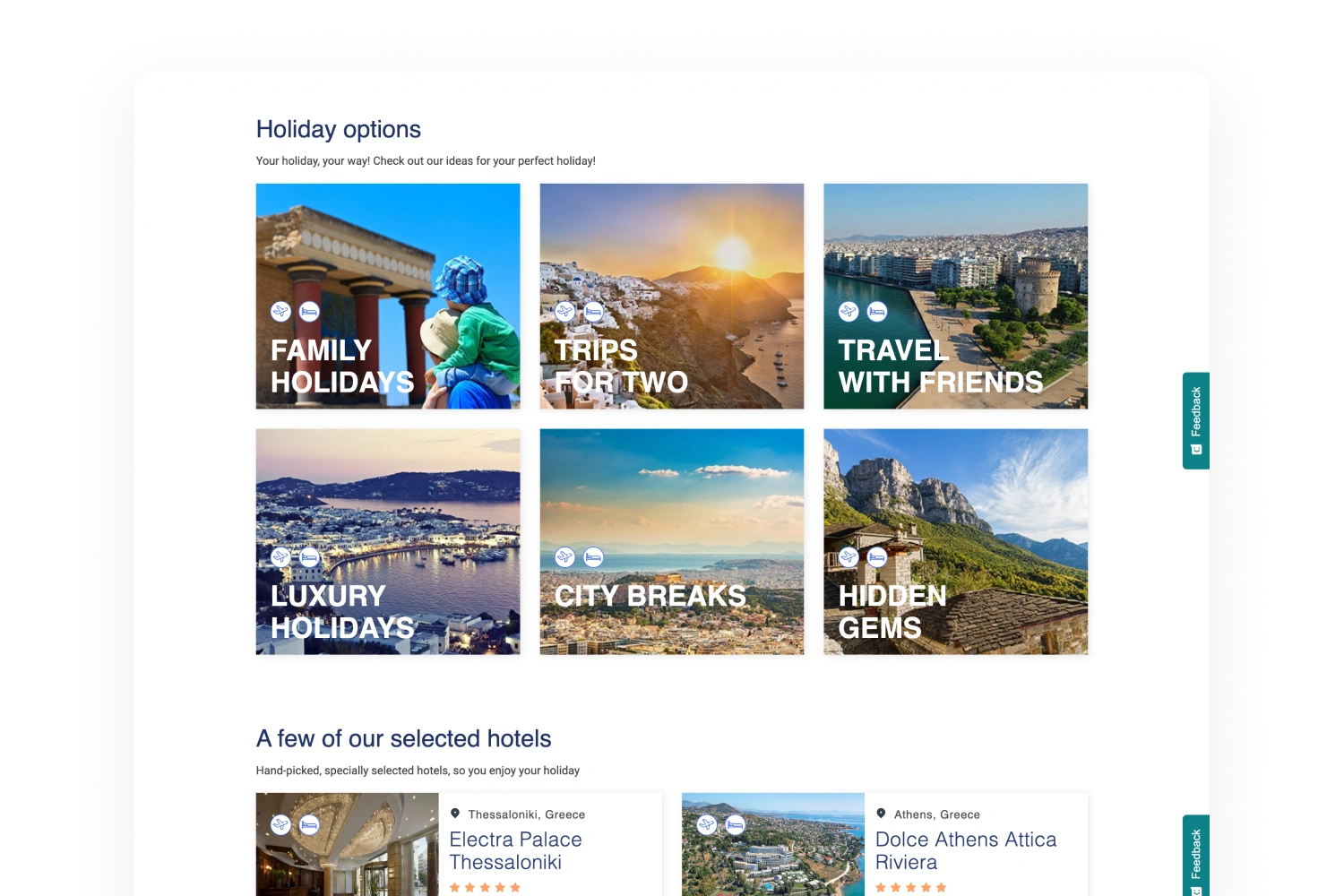 Aegean holiday categories including family holidays, trips for two, city breaks and hidden gems, above selected hotels.