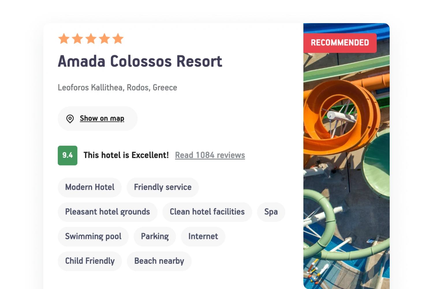 Aegean hotel detail showing star rating, location, review score, review link and amenity tags beside a property photograph.