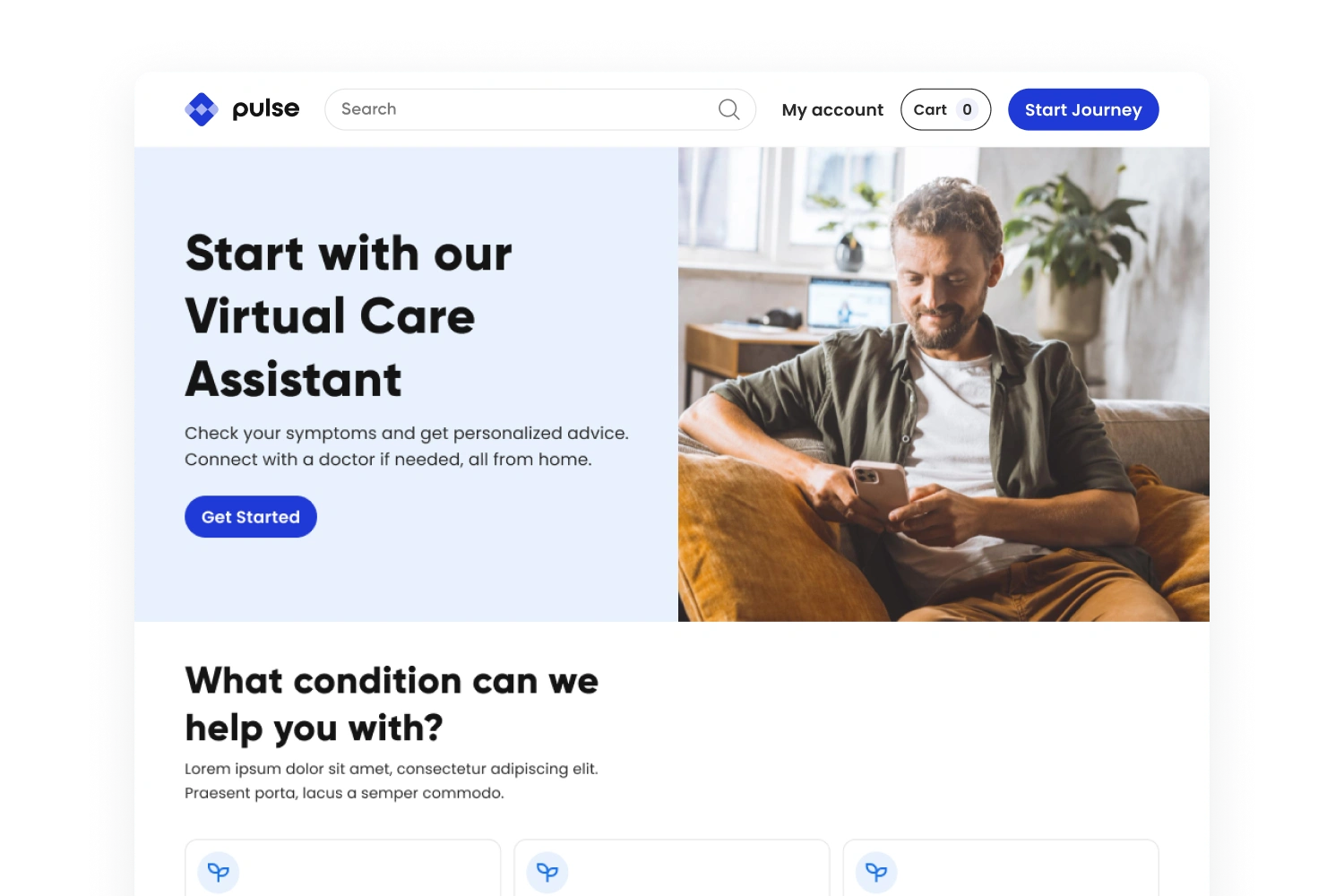 Virtual care homepage with a Get Started button, a person using a phone and condition cards below.