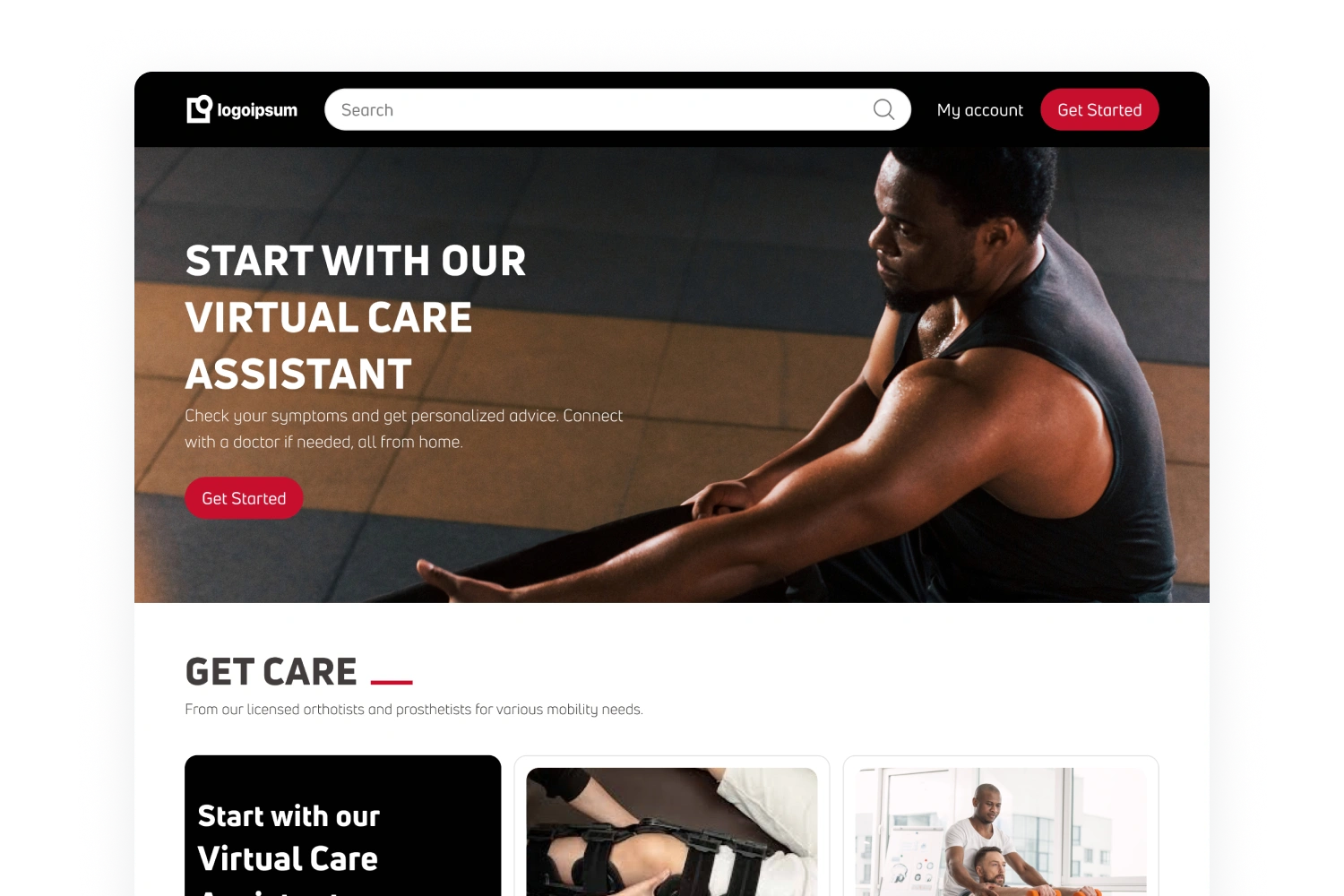 Dark virtual care homepage with an athlete photograph, a red Get Started button and care cards underneath.