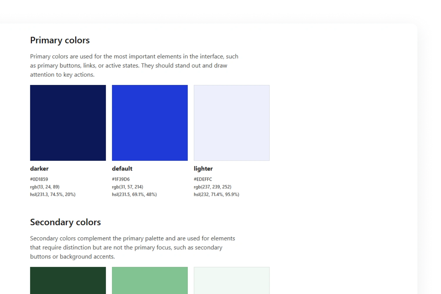 Pulse documentation with dark, default and light primary blue swatches, colour codes and secondary colours.
