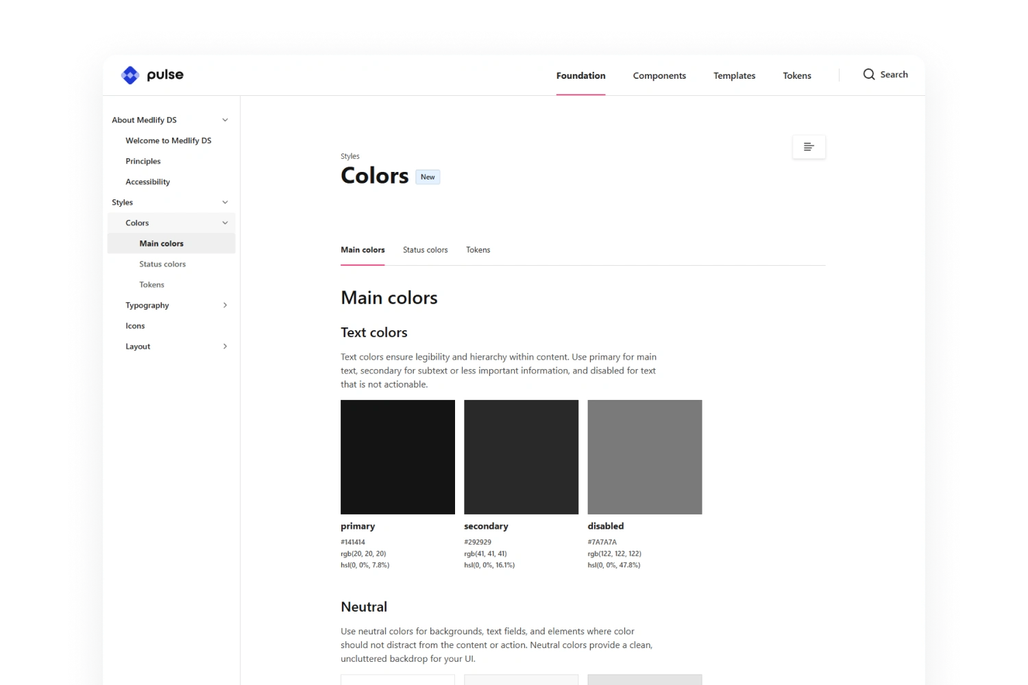 Pulse colour documentation showing primary, secondary and disabled text colours alongside foundation navigation.