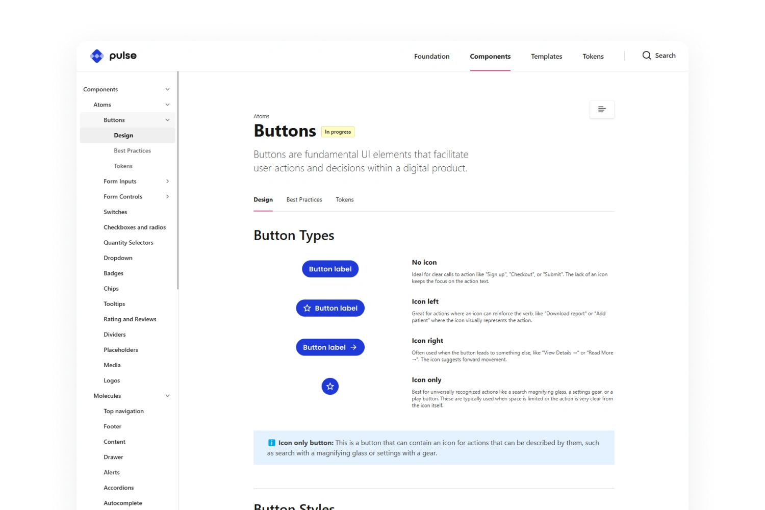 Pulse button documentation with text-only, leading-icon, trailing-icon and icon-only examples.