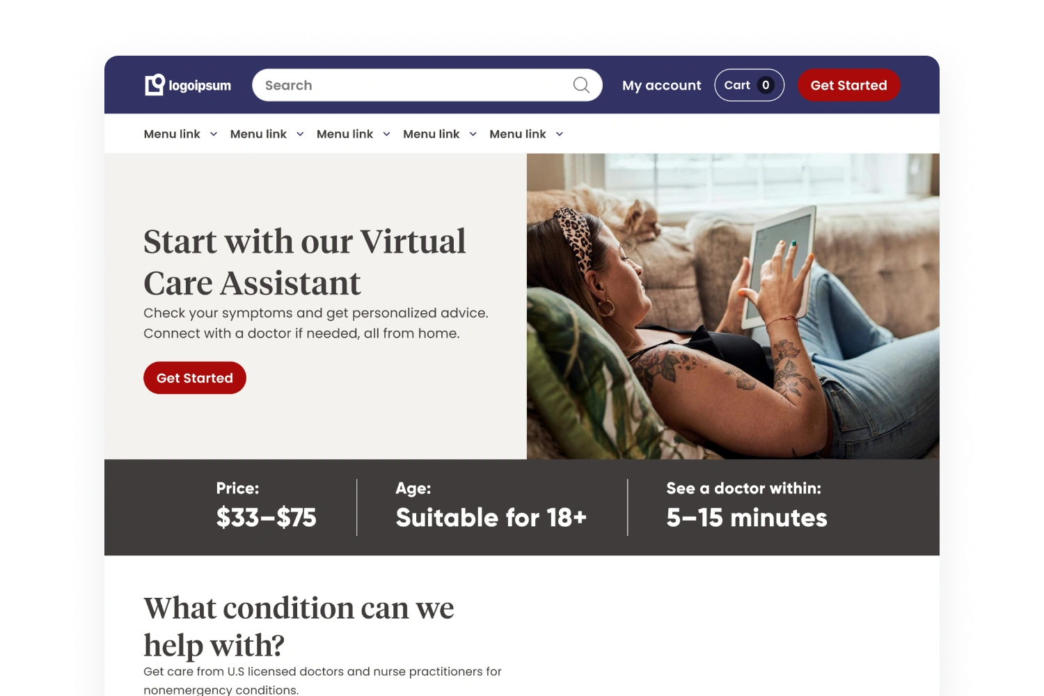 Virtual care homepage with a Get Started button and a summary of price, eligible age and expected waiting time.