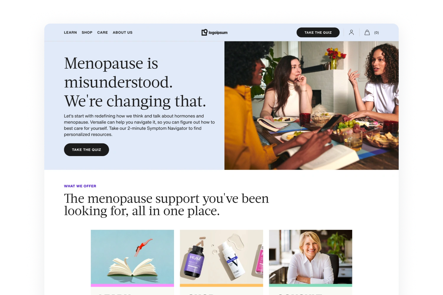 Menopause support homepage with a quiz action and three visual pathways to learning, shopping and care.