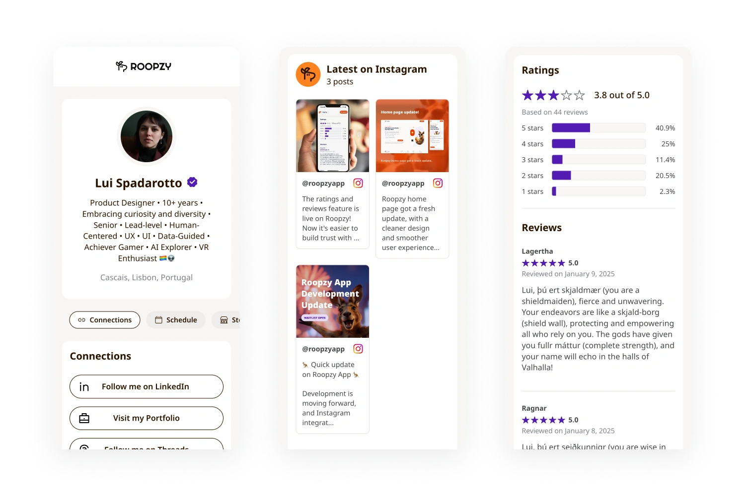 Three Roopzy mobile prototype screens showing a public profile, an Instagram feed and ratings with customer reviews.
