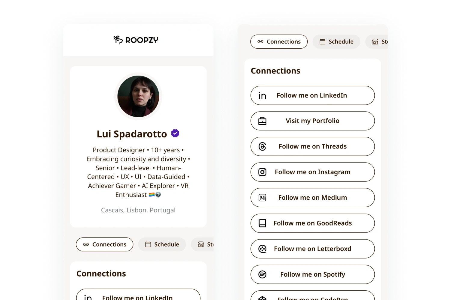 Roopzy mobile profile beside a list of labelled links to a portfolio and social platforms.
