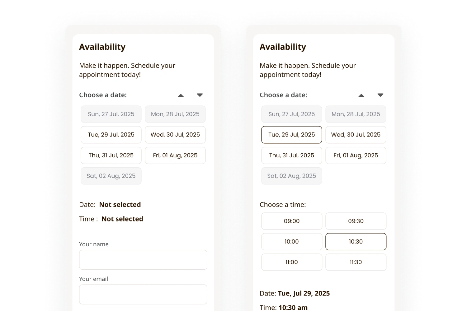 Roopzy availability prototype before and after date selection, with time slots and a summary of the chosen date and time.