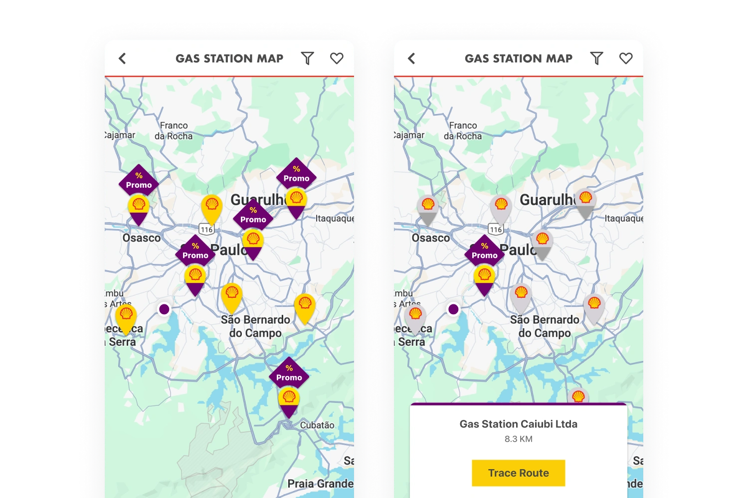 Shell Box station maps with promotional markers and a selected station card showing distance and a Trace Route button.