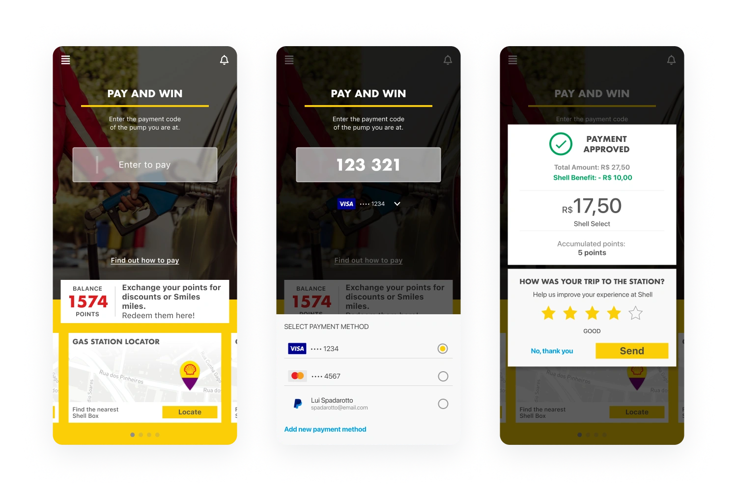 Three Shell Box screens showing payment-code entry, a payment-method selector and an approved-payment confirmation.