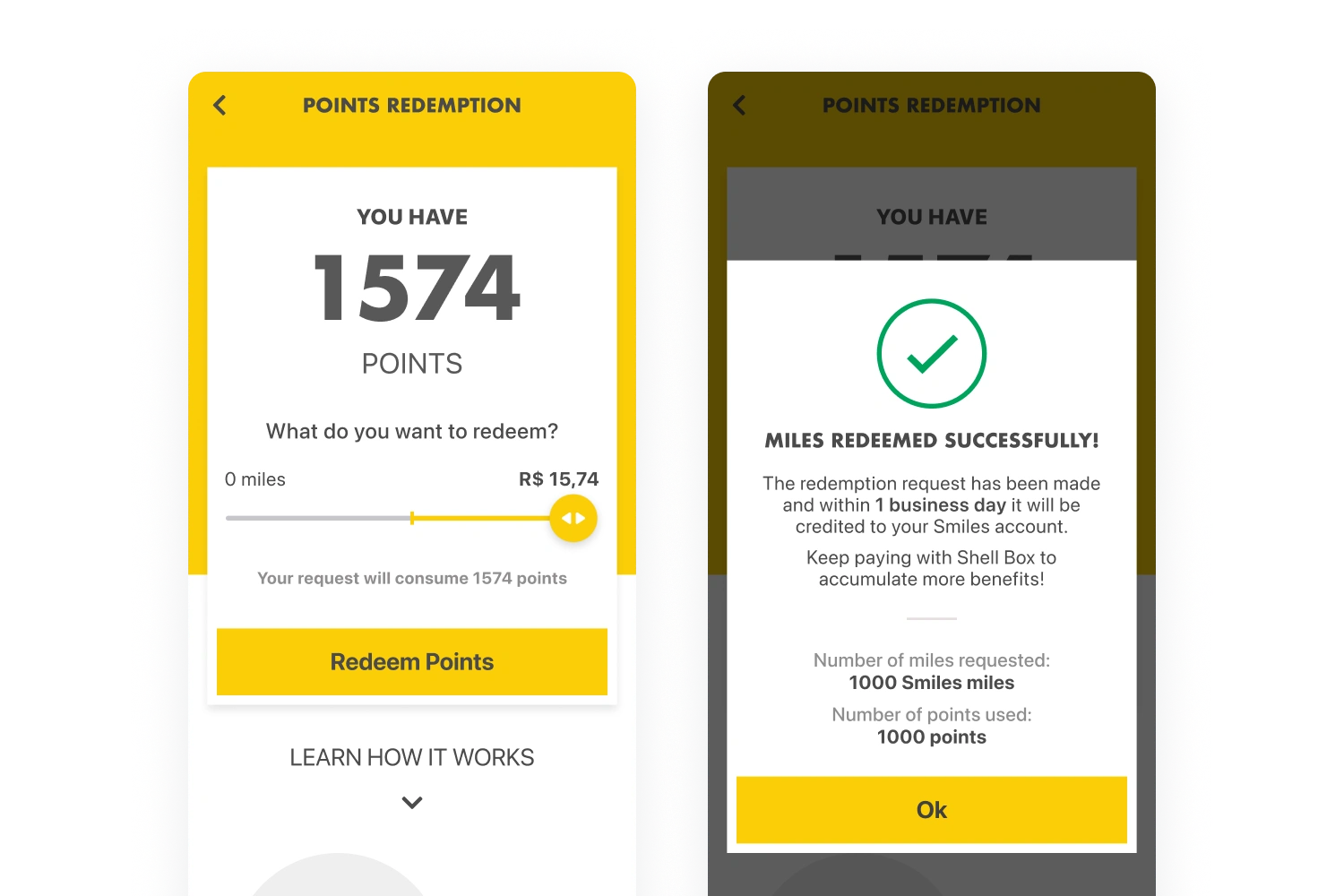 Shell Box points redemption screen with a conversion slider beside a successful miles-redemption confirmation.