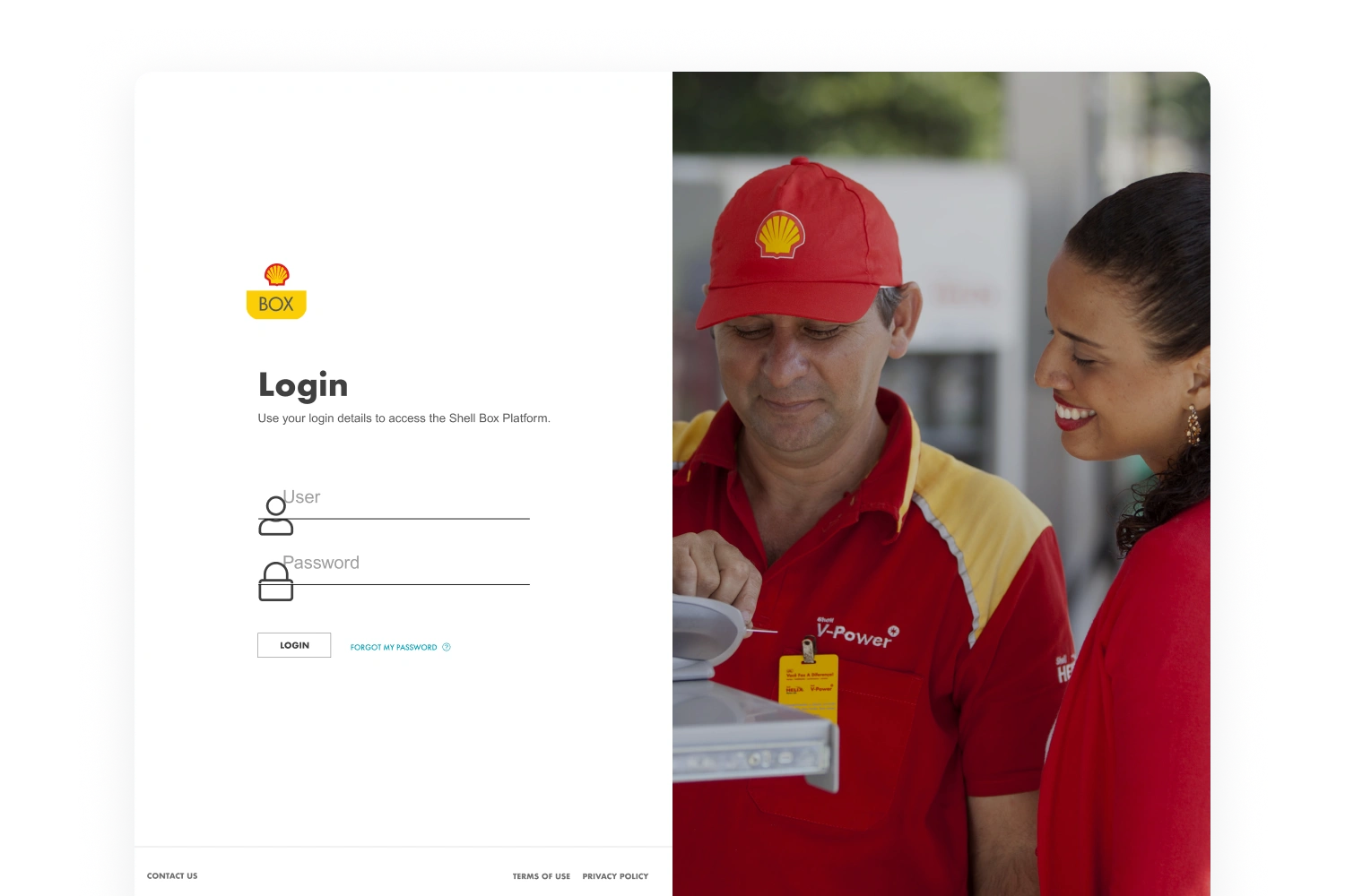 Shell Box business login screen with username and password fields beside a photograph of station employees.