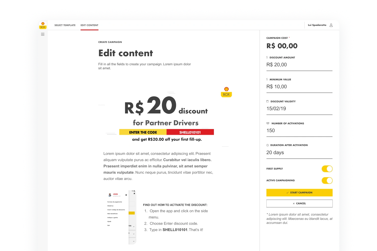 Shell Business Portal campaign editor with an offer preview beside discount, validity, activation-limit and campaign-status controls.