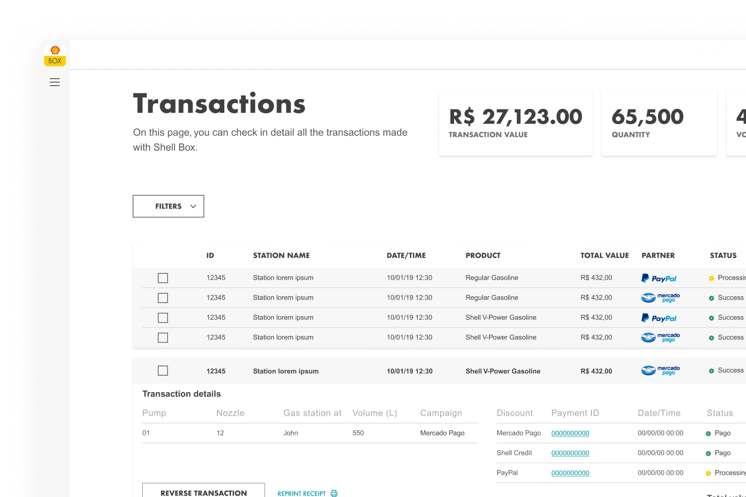 Shell Business Portal transaction table with value and quantity summaries, filters and an expanded transaction-detail row.
