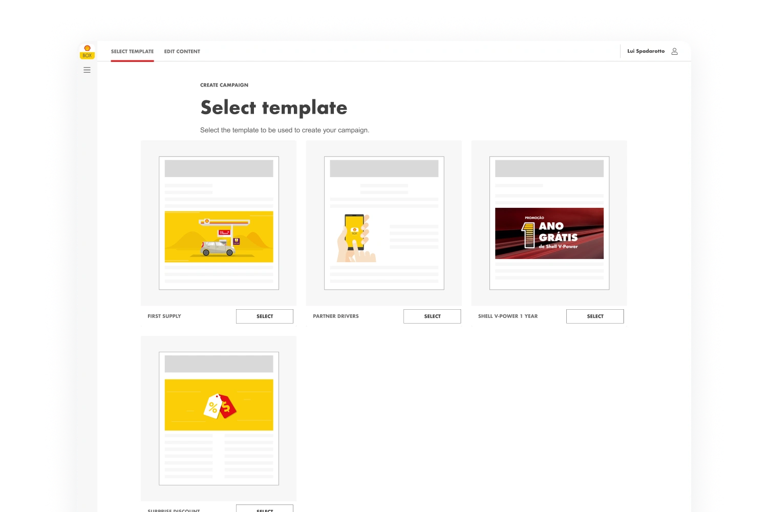 Shell Business Portal campaign creation screen with selectable branded template previews and an Edit Content step.