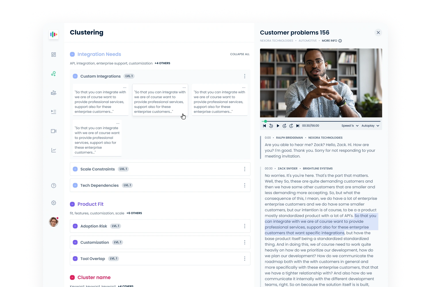 Talka.ai clustering workspace with expandable customer-problem groups beside a video player and transcript.