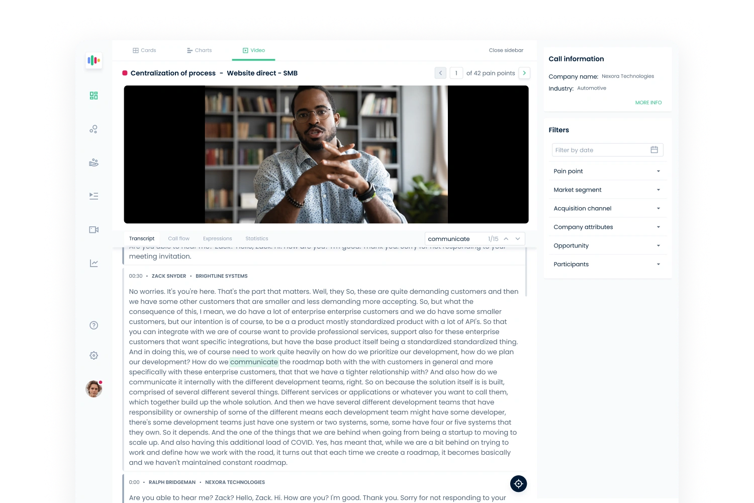 Talka.ai video view with a recording above a transcript, analysis tabs below and call information and filters on the right.